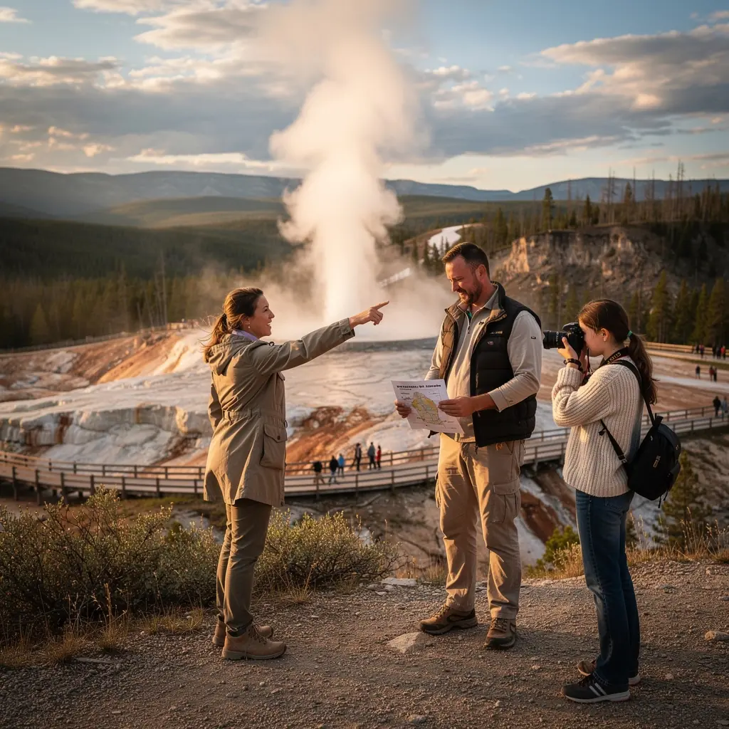 Grupa turystów zatrzymująca się na odpoczynek przy malowniczym jeziorze.